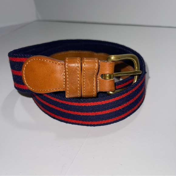 Coach Other - Coach Men’s Belt Navy Red Stripe Wool Brown Leather Brass Buckle Size 42”